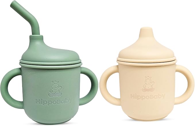 Silicone Transition Sippy Cup for 6+ month old | Includes 1 Toddler straw cup & by HippoBaby