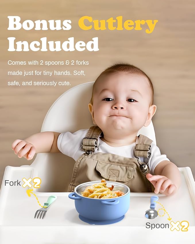 Toddler Feeding Suction Bowls and Utensils Set, 2-in-1 Stainless Steel 304 Kids - Image 4