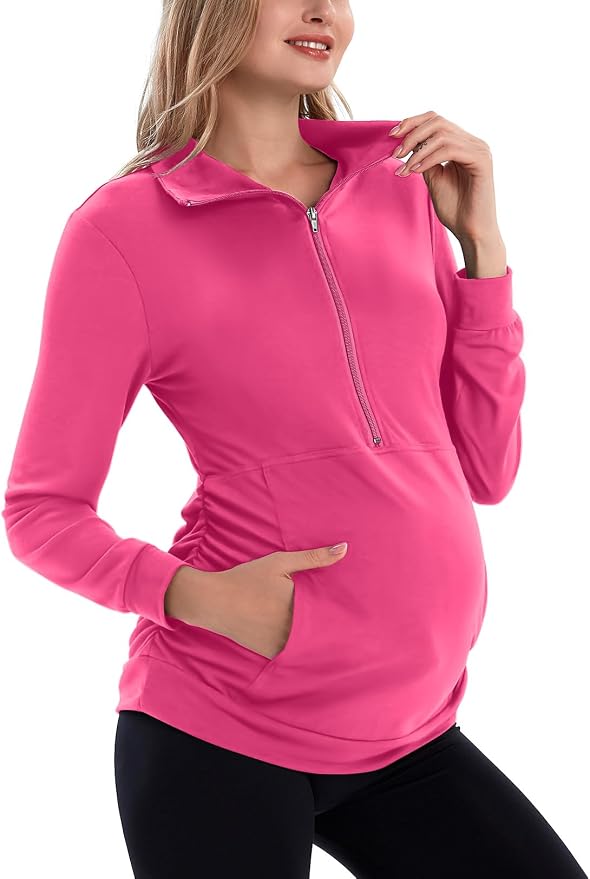 GINKANA Maternity Women's Long Sleeve Shirt Half Zipper Lapel Lightweight by GINKANA