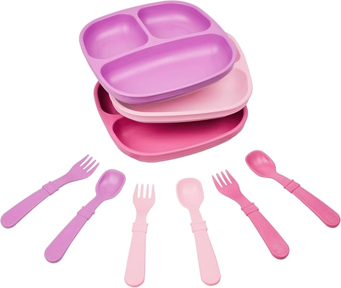 Re-Play 3x3 Divided Toddler Plates and Utensils Set by Re-Play