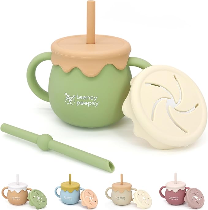 Honey Jar Pot 3-in-1 Silicone Training Cup 8.5oz, Baby Sippy Cup by teensypeepsy