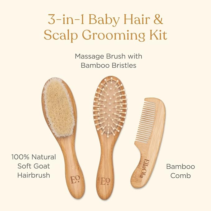 ELLAOLA Natural Bamboo Hair Brush & Comb Set, 3 Piece - Image 3