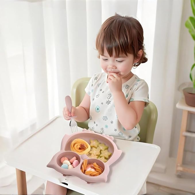 PandaEar Toddler Suction Plates, Stay Put Divided Baby Plates, Owl Shape - Image 2
