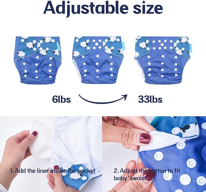 HappyFlute 4 Sets Newborn Baby Cloth Pocket Diapers One Size Adjustable Reusable - Image 2