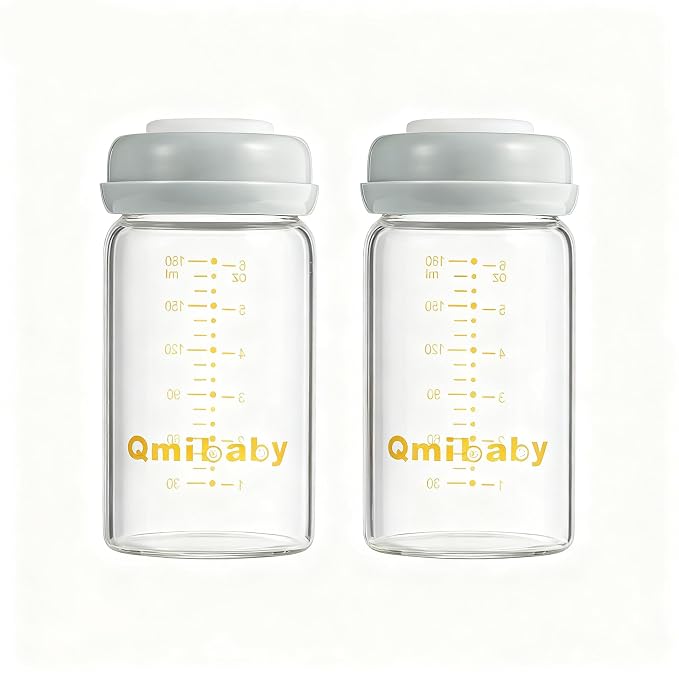 Glass Breastmilk Storage Bottles 180ml 6oz BPA-Free Leak-Proof Natural Baby by Qmibaby