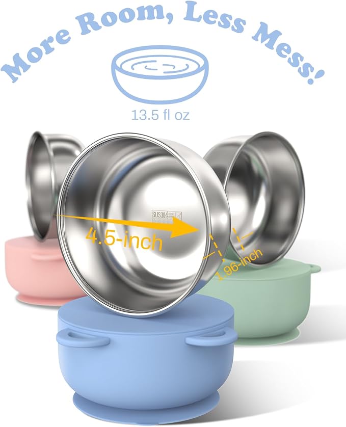 Baby Suction Bowls with Lids 4-Pack, 2-in-1 Stainless Steel 304 Toddler Bowl & - Image 2