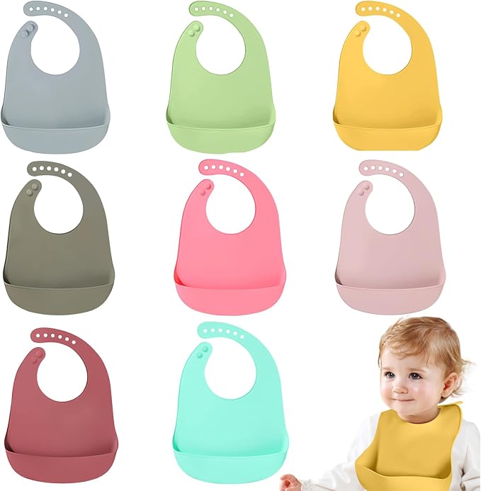Silicone 8-Pack Bibs for Babies Toddlers Girls| Adjustable Waterproof BPA Free by Katieyca