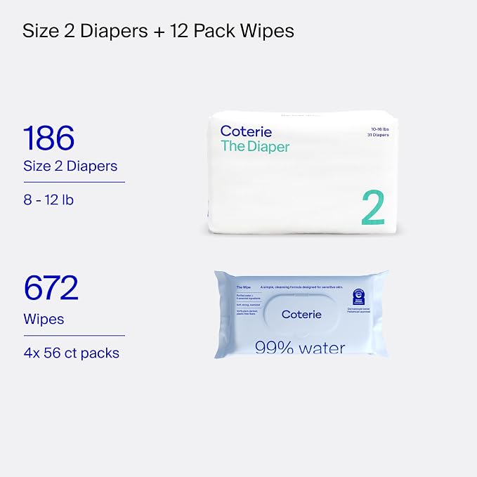 Coterie Baby Wipes + Diapers Kit, Size 2 Diapers & 12 Pack Baby Wipes - Image 2