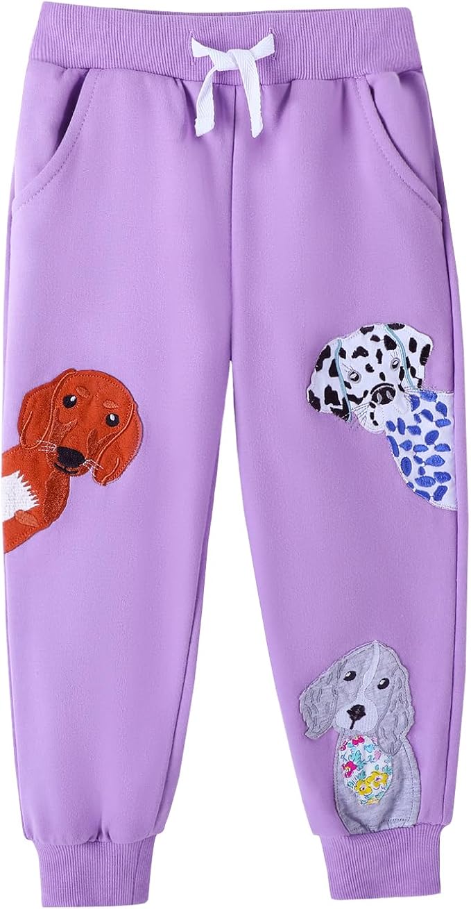 HILEELANG Girls Cotton Joggers Sweatpants Embroidery Drawstring Waist Pockets - Image 4