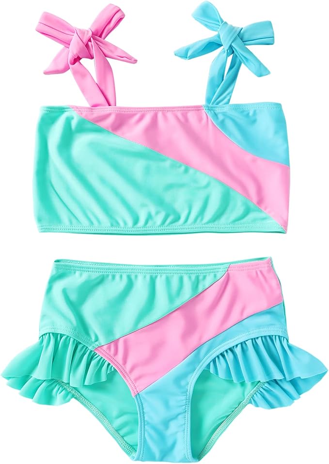 YOUNGER TREE Toddler Girls Two Pieces Swimsuit Color Block Stripe Swimwear by YOUNGERTREE