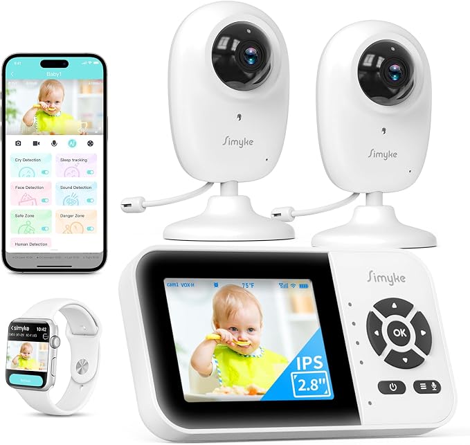 Smart Baby Monitor with 2 Cameras and Audio, Long Range, Night Vision, by Simyke
