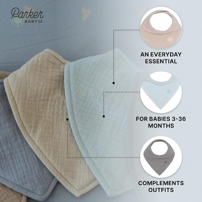 Parker Baby Muslin Bandana Drool Bibs | 100% Soft Muslin Cotton, Absorbent & - Image 4