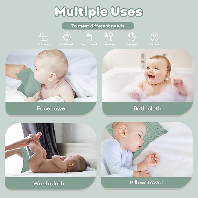 Yoofoss Muslin Baby Washcloths 100% Organic Cotton Face Towels 10 Pack Wash - Image 6