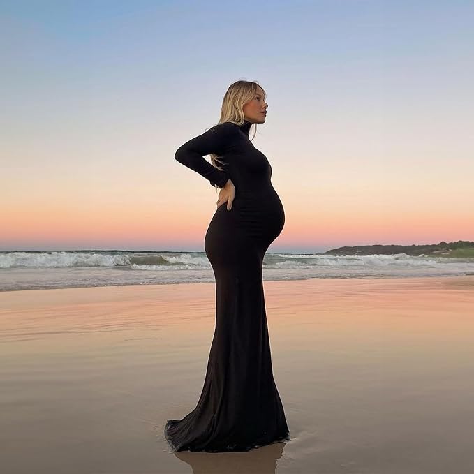 BUMPSUIT Maternity Maxi Dress Thigh High Slit, Women Long Sleeve Soft - Image 2