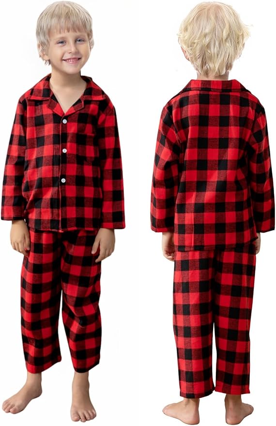 Schbbbta Kids Pajamas Set, Plaid Button Down Pjs - Image 3