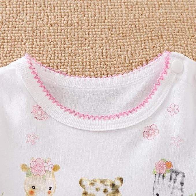 Cute Giraffe + Zebra With Floral Print Long Sleeve Baby Girl Clothes White - Image 4