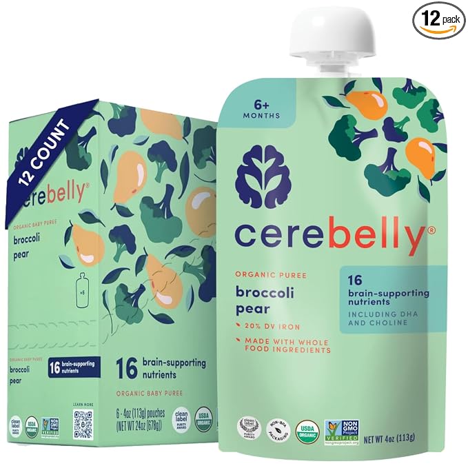 Cerebelly Organic Baby Food Pouches, Broccoli Pear Purees, 16 Nutrients by Cerebelly