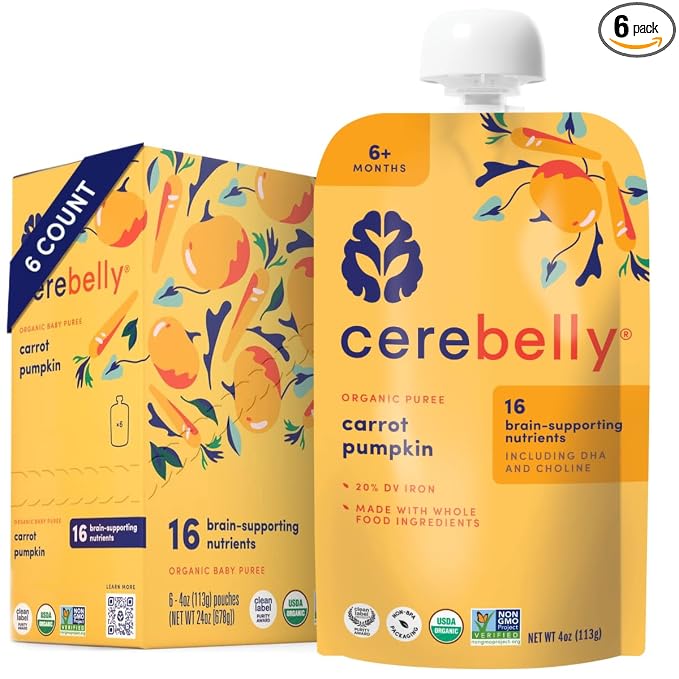 Cerebelly Organic Baby Food Pouches, Carrot Pumpkin Purees, 16 Nutrients by Cerebelly