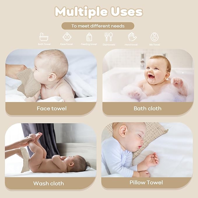 Yoofoss Muslin Baby Washcloths 100% Cotton Face Towels 10 Pack Wash Cloths - Image 6