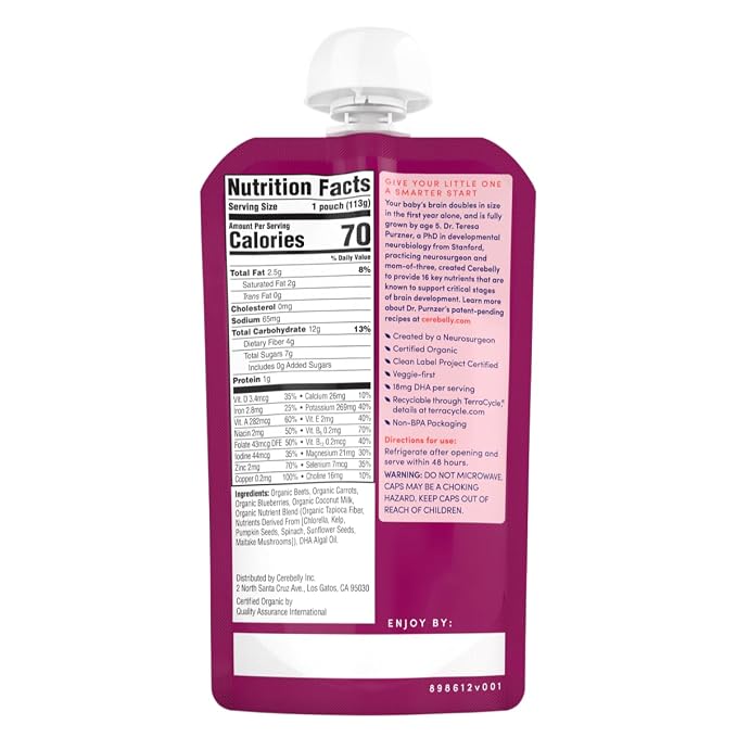 Cerebelly Organic Baby Food Pouches, Beet Carrot Blueberry Purees, 16 Nutrients - Image 2