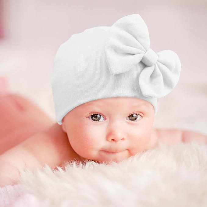 BQUBO Newborn Baby Girls Hats Mittens Set Hospital Hat Beanie Infant Bow Hats - Image 2