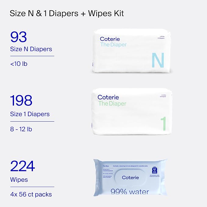 Coterie Baby Wipes + Diapers Kit, Size 1 & Size Newborn Diapers, 4 Pack Wipes - Image 2