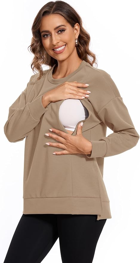 Smallshow Women's Nursing Tops Sweatshirt Long Sleeve Side Split Breastfeeding - Image 2