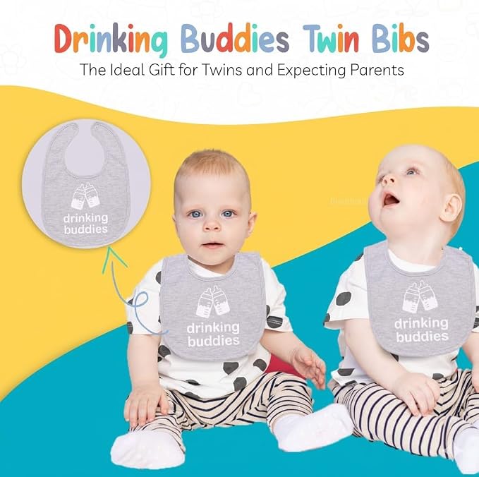 100% Cotton Drinking Buddies Twin Bibs Cute & Practical Unisex Bibs - Image 2