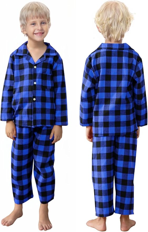 Schbbbta Kids Pajamas Set, Plaid Button Down Pjs - Image 3