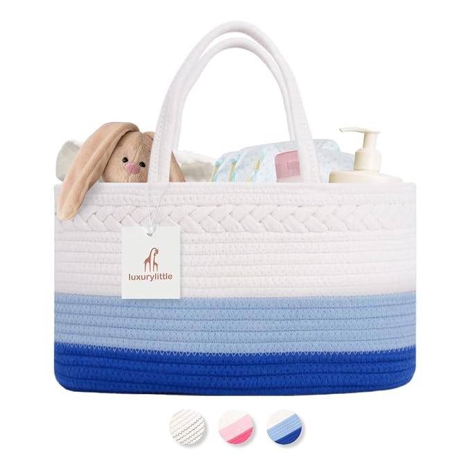 Baby Diaper Caddy Organizer, Extra Large Cotton Rope Nursery Diaper Basket by LuxuryLittle