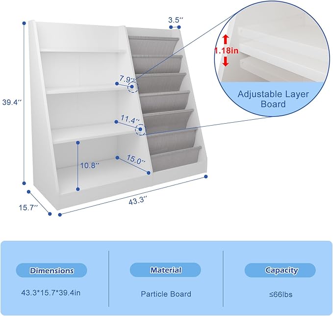 White Kids Bookshelf Wood Toy Storage Organizer Cabinet Children Bookcase - Image 3