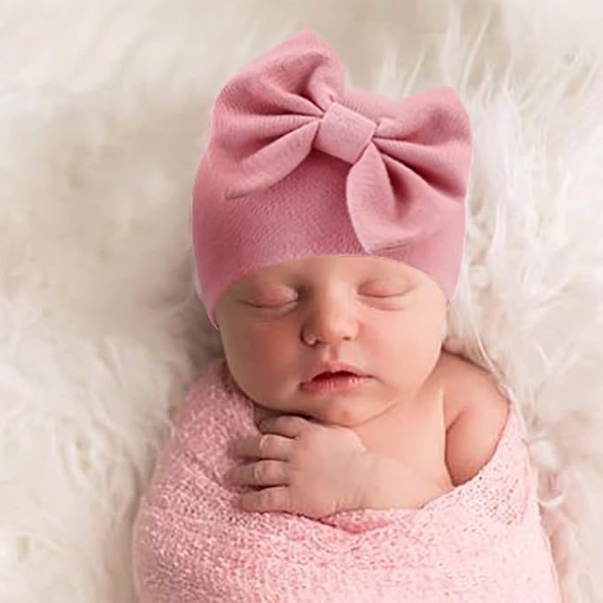 BQUBO Newborn Baby Girls Hats Mittens Set Hospital Hat Beanie Infant Bow Hats - Image 3