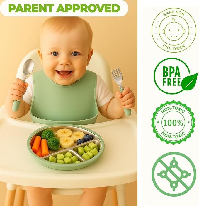 Stainless Steel Toddler Feeding Set 4 Pieces – Suction Plate, Silicone Bib - Image 2
