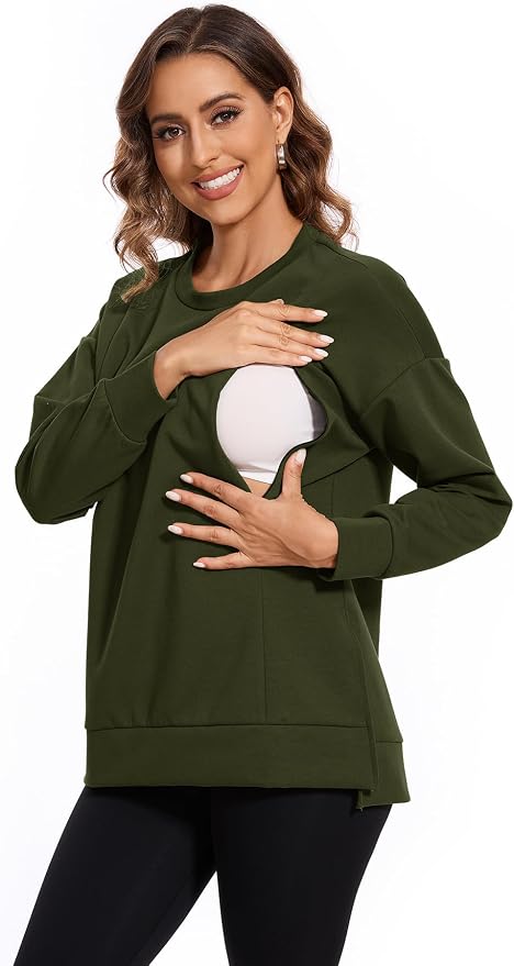Smallshow Women's Nursing Tops Sweatshirt Long Sleeve Side Split Breastfeeding - Image 2