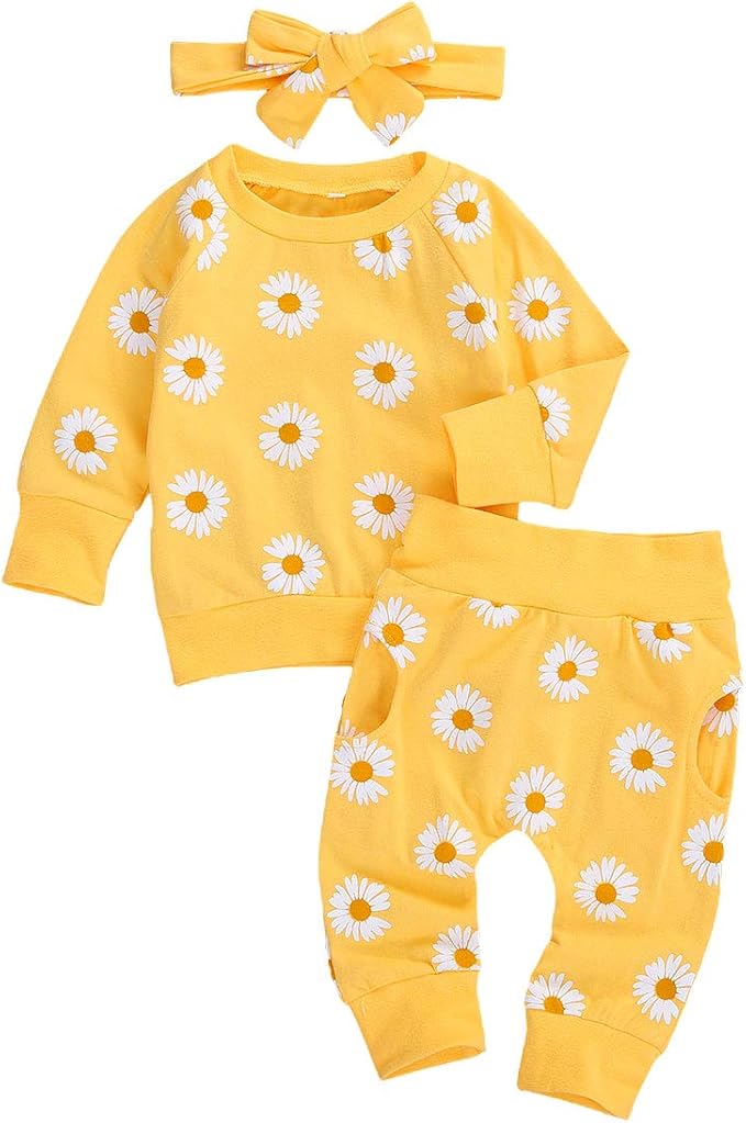 3Pcs Baby Girl Outfits Daisy Sweatshirt + Pants + Headband Infant Fall Winter by CIYCUIT