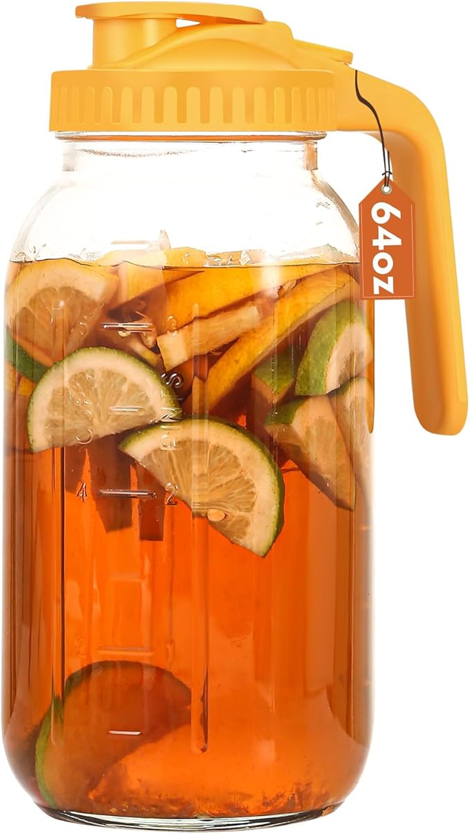 Glass Pitcher with Lid, 64 OZ Mason Jar Pitcher Double Leak Proof, 2 Quart by Mihlapi