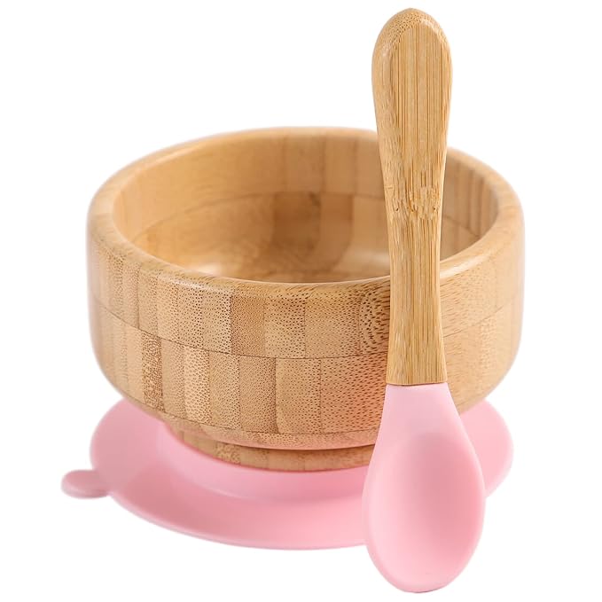 Baby Bamboo Bowls with Suction and Matching Spoon Set, Detachable Silicone by HIBABYMONMENT