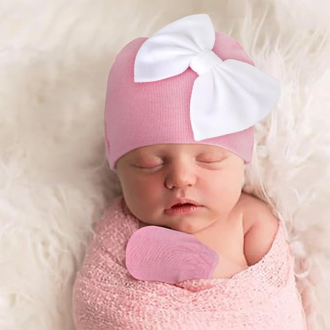 BQUBO Newborn Baby Girls Hats Mittens Set Hospital Hat Beanie Infant Bow Hats - Image 3