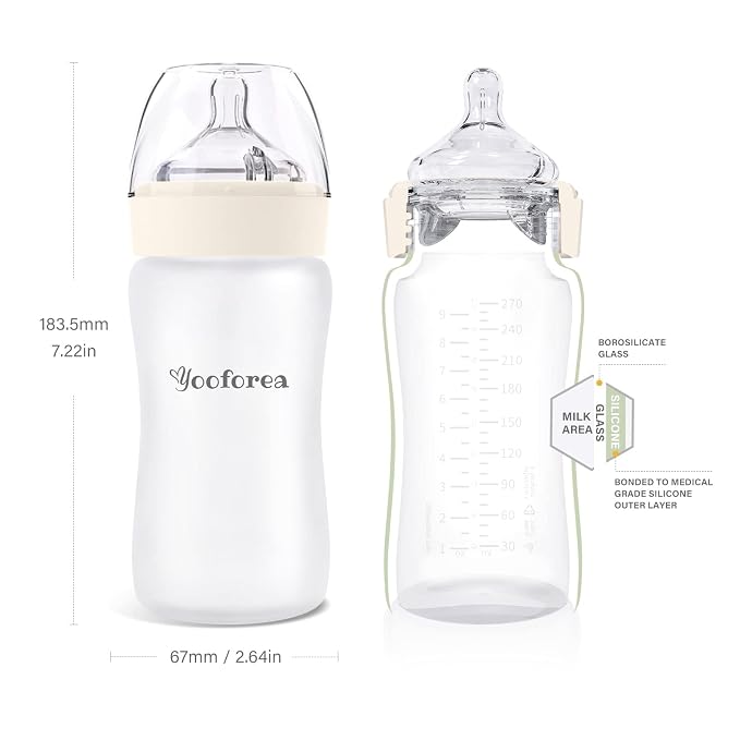 Yooforea Silicone Coated Glass Baby Bottle, 6M+ Fast Flow Nipple I Anti-Colic - Image 2
