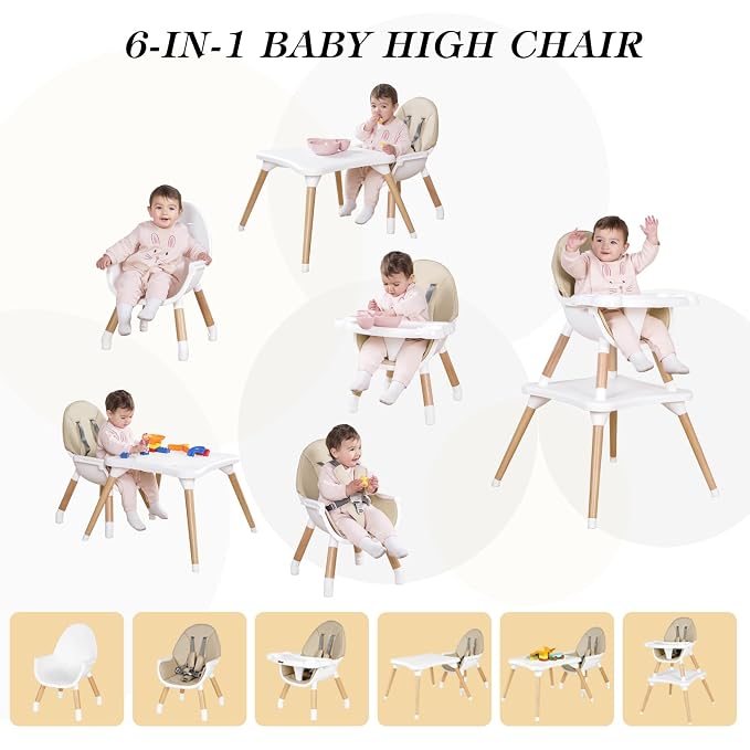 6 in 1 High Chair for Babies & Toddlers, Convertible Wooden Baby Highchair - Image 2