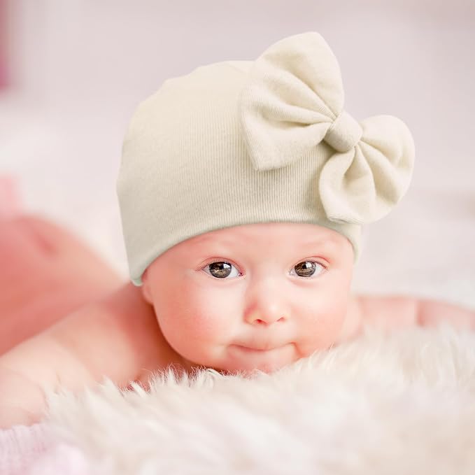 BQUBO Newborn Baby Girls Hats Mittens Set Hospital Hat Beanie Infant Bow Hats - Image 2