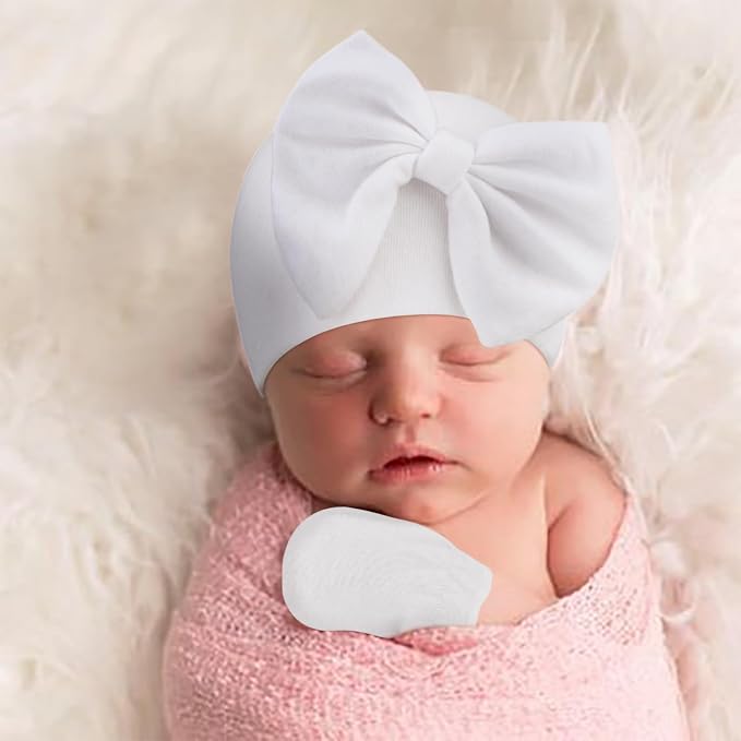 BQUBO Newborn Baby Girls Hats Mittens Set Hospital Hat Beanie Infant Bow Hats - Image 3
