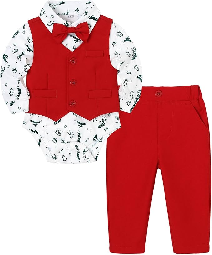Baby Boy Clothes Suits Infant Gentleman Wedding Outfit Formal Dress Shirt Vest by Juivesia