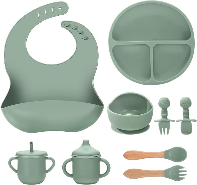 Silicone Baby Feeding Set 9 Pcs, Spill-Proof Suction Plate, Silicone spoon&forks by Unknown