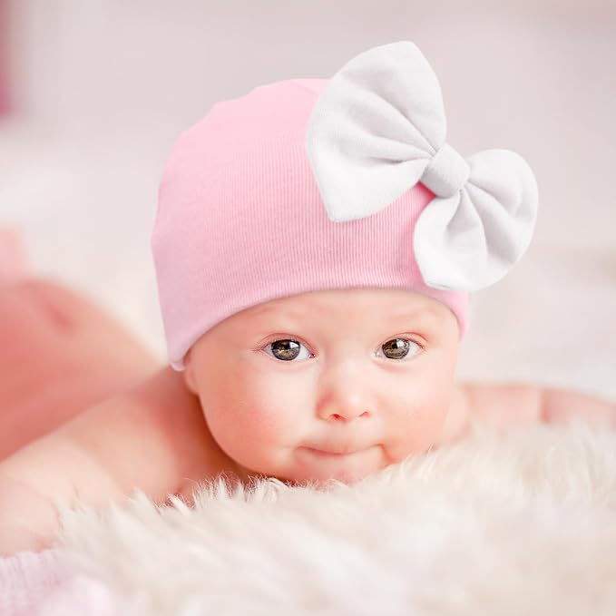 BQUBO Newborn Baby Girls Hats Mittens Set Hospital Hat Beanie Infant Bow Hats - Image 2
