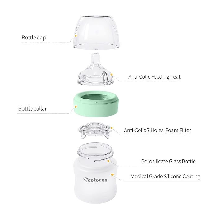 Yooforea Silicone Coated Glass Baby Bottle, 0M+ Slow Flow Nipple I Anti-Colic - Image 9