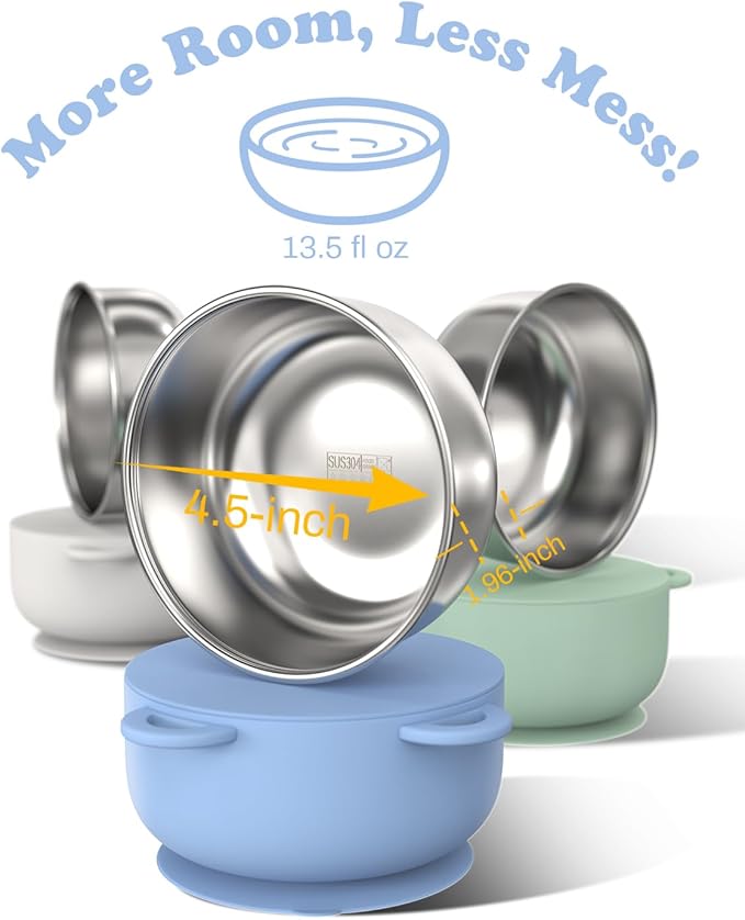 Baby Suction Bowls with Lids 4-Pack, 2-in-1 Stainless Steel 304 Toddler Bowl & - Image 3
