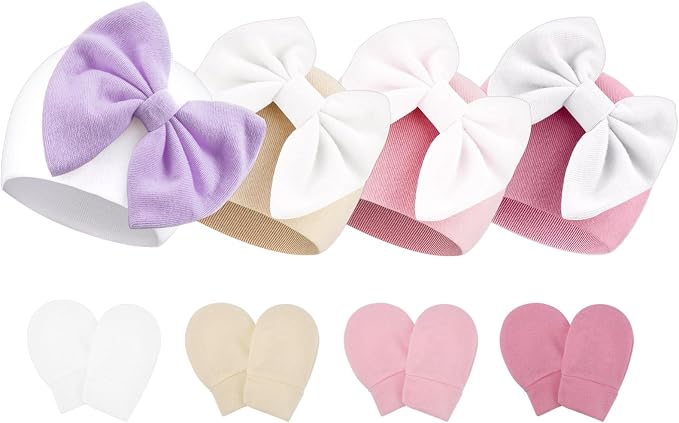 BQUBO Newborn Baby Hats Mittens Set Hospital Hat Beanie Infant Bow Hats Baby by DRESHOW