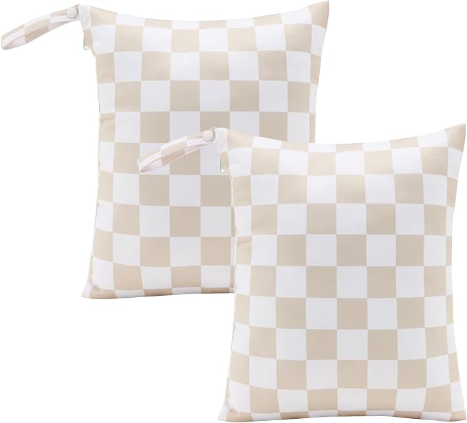 Beige Khaki Checkered Waterproof Wet Dy Diaper Bag by Ohocut