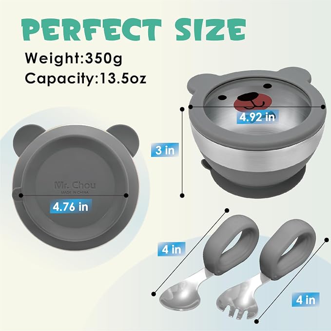 MR. CHOU Baby Bowl Set with Spoon & Fork, Insulated Double-Layer 18/8 Stainless - Image 8